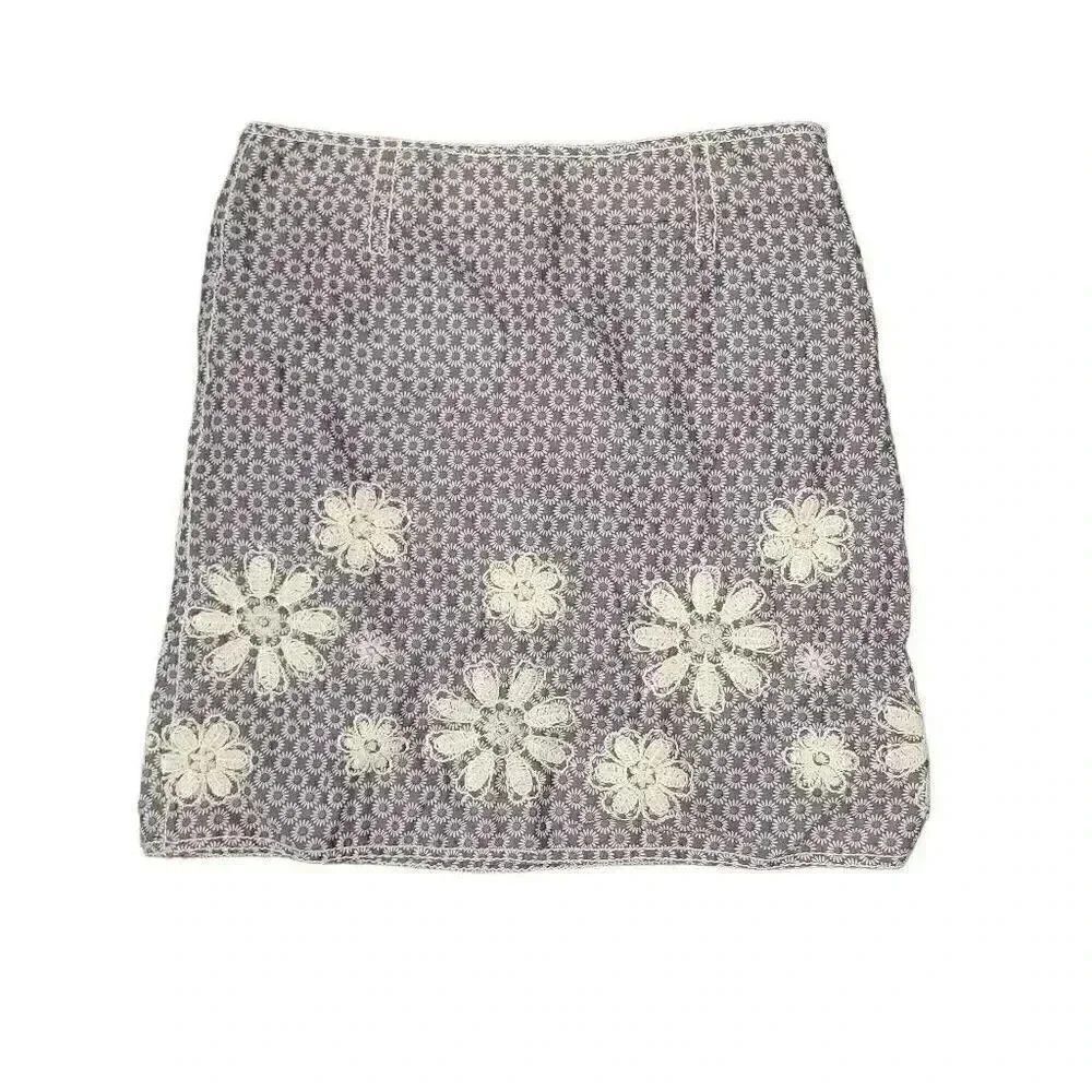 Studio M Women's Gray & Ivory Cotton Print w Daisy Embroidery Above the Knee Str